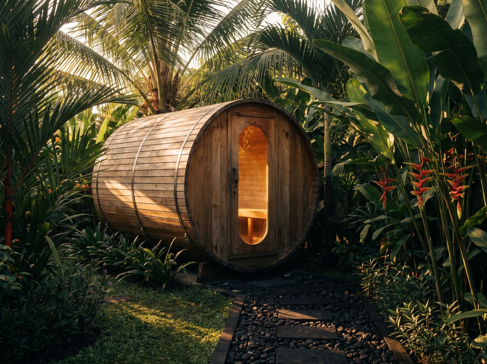 Cedar barrel sauna with a round glass door in a tropical Lombok garden at golden hour