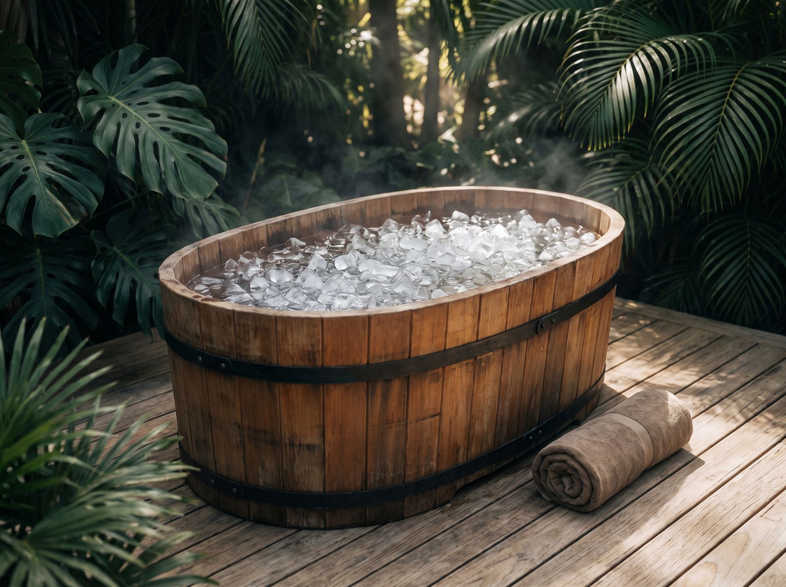 Oval cedar ice bath tub with steel hoops filled with ice water on a teak deck