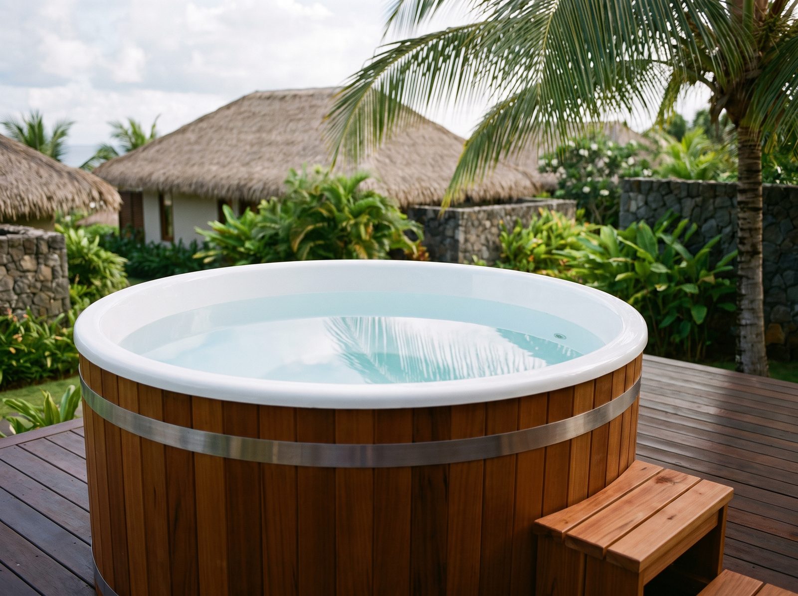 Cedar ice bath tub with clear water on a villa deck under palms