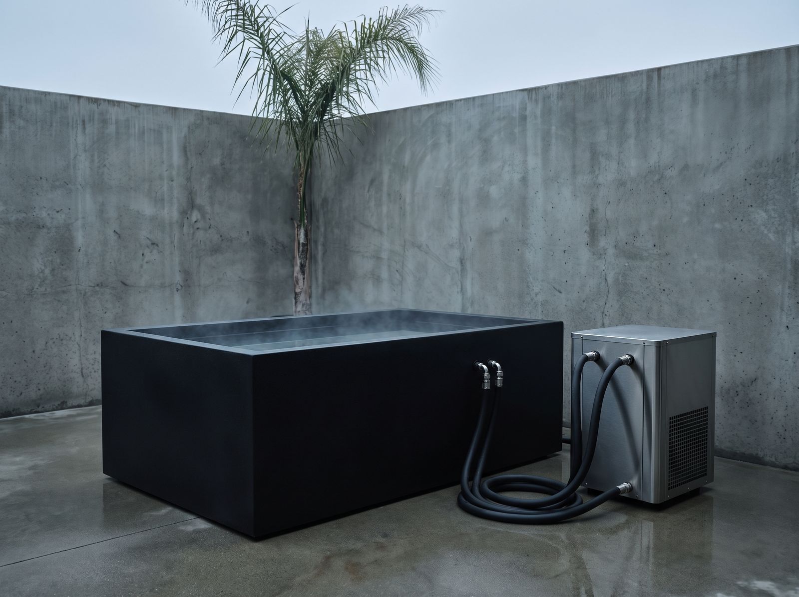 Minimalist black cold plunge tub on a concrete deck with a stainless steel chiller unit alongside