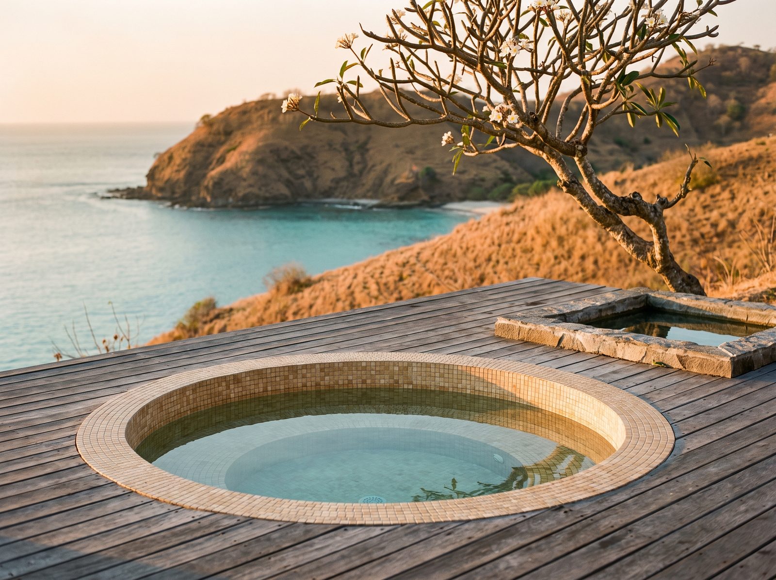 Round mosaic plunge pool and warm pool on a clifftop deck above a south Lombok bay