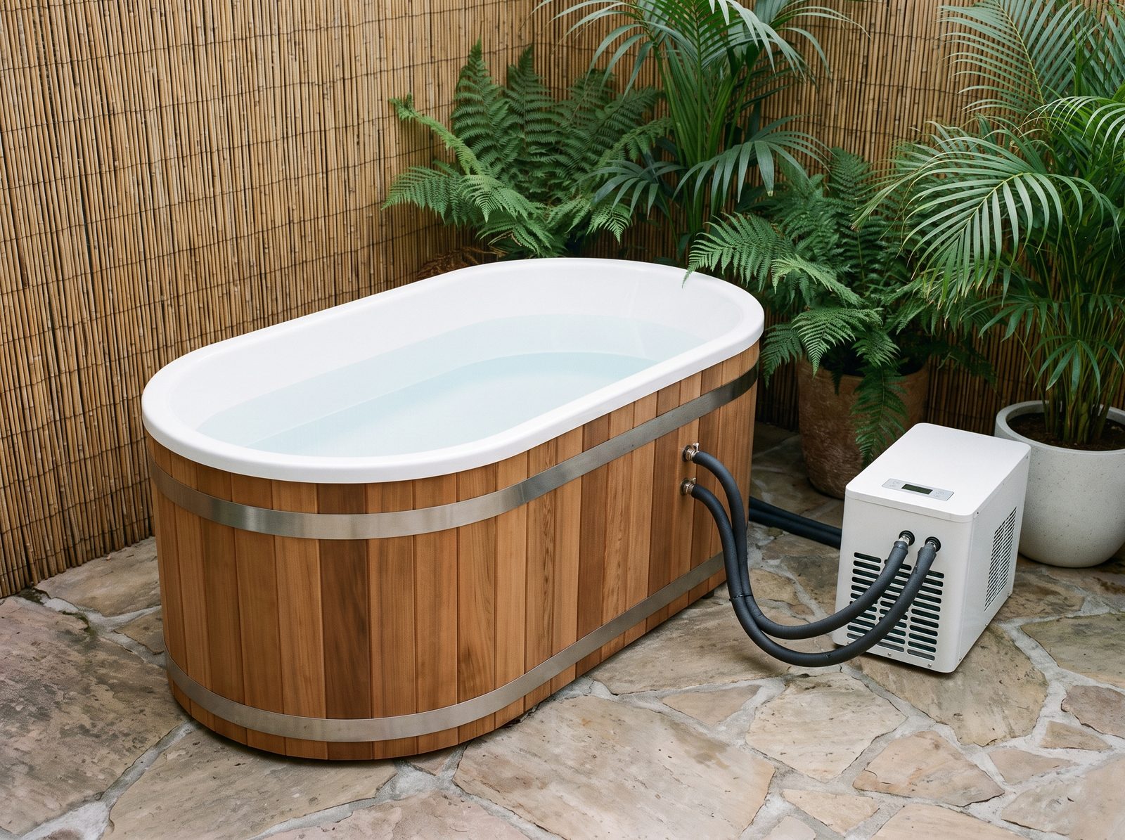 Cedar cold plunge with white liner and compact chiller on a villa terrace