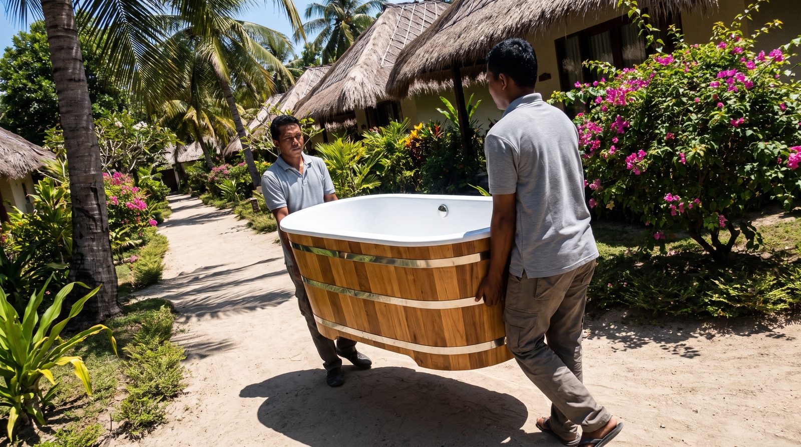 Delivery crew carrying a new cedar ice bath tub along a resort path