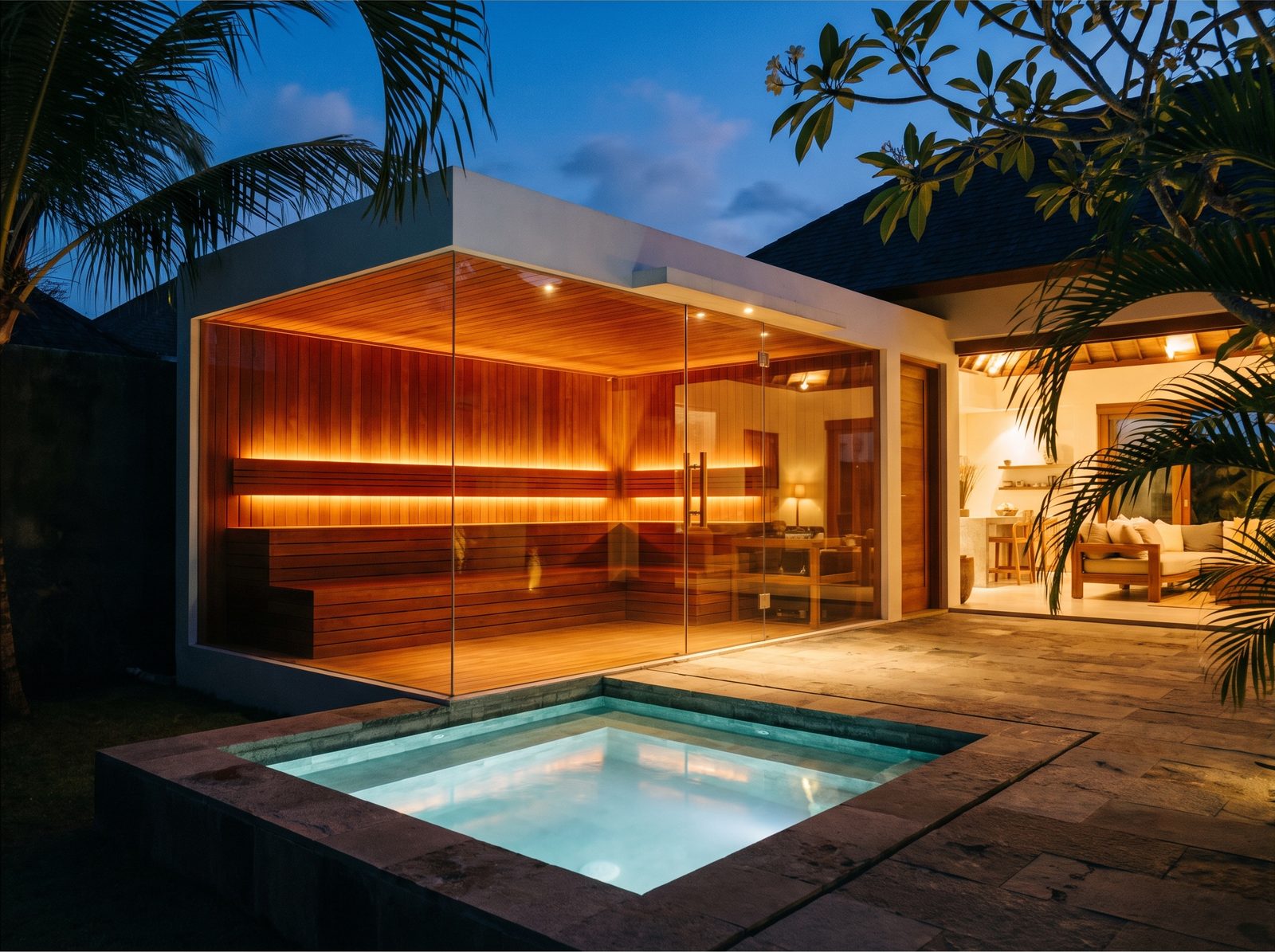 Custom built-in sauna behind a glass corner with a plunge pool at a Lombok villa at dusk