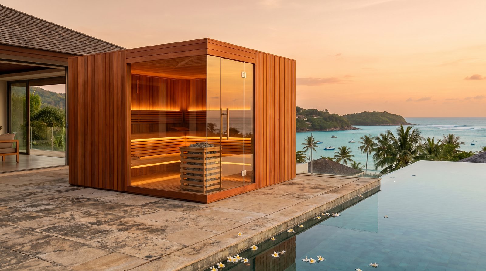 Glass-fronted red cedar sauna beside a villa infinity pool above a Lombok bay at sunset