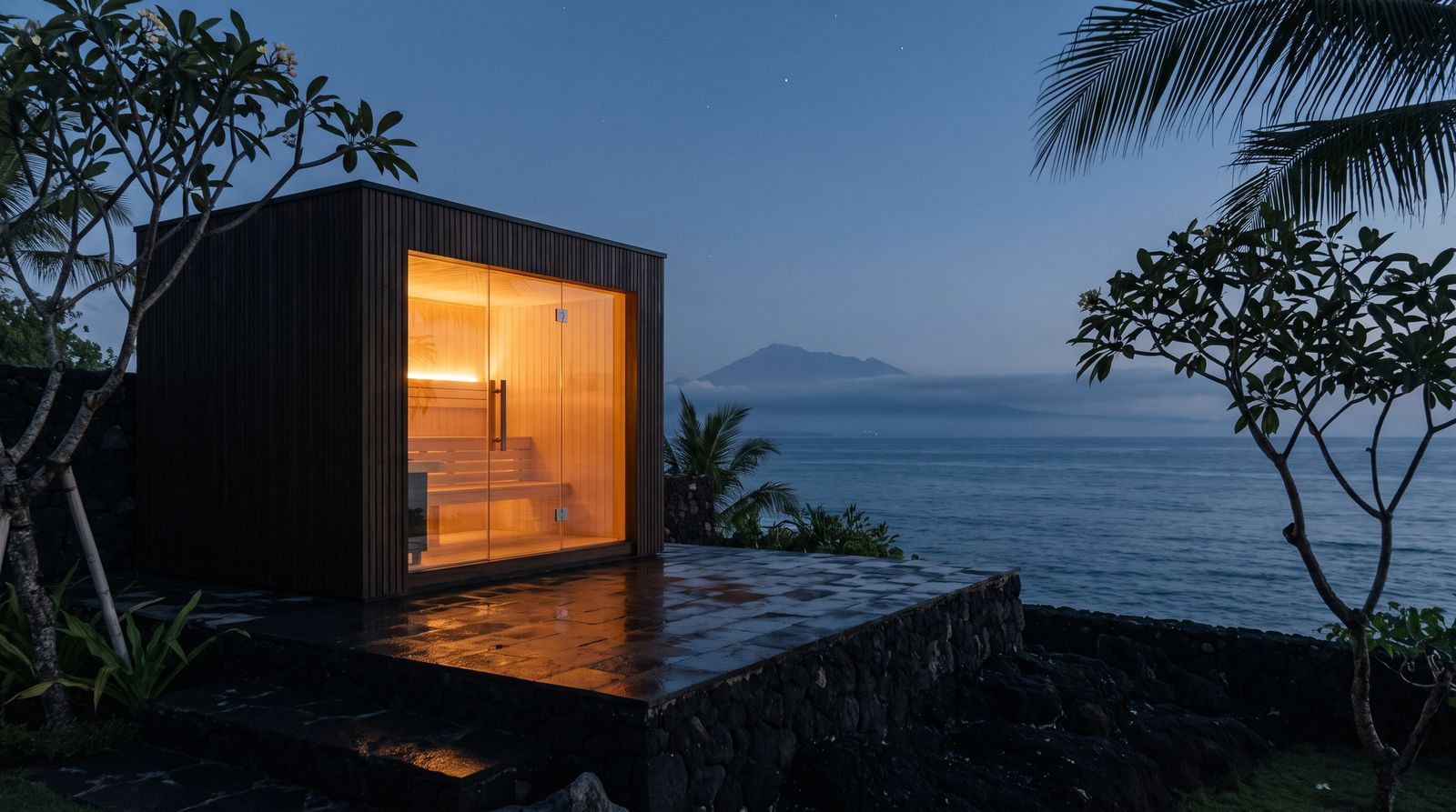 Outdoor sauna cabin glowing amber at dusk on a black volcanic stone deck above the ocean in Lombok