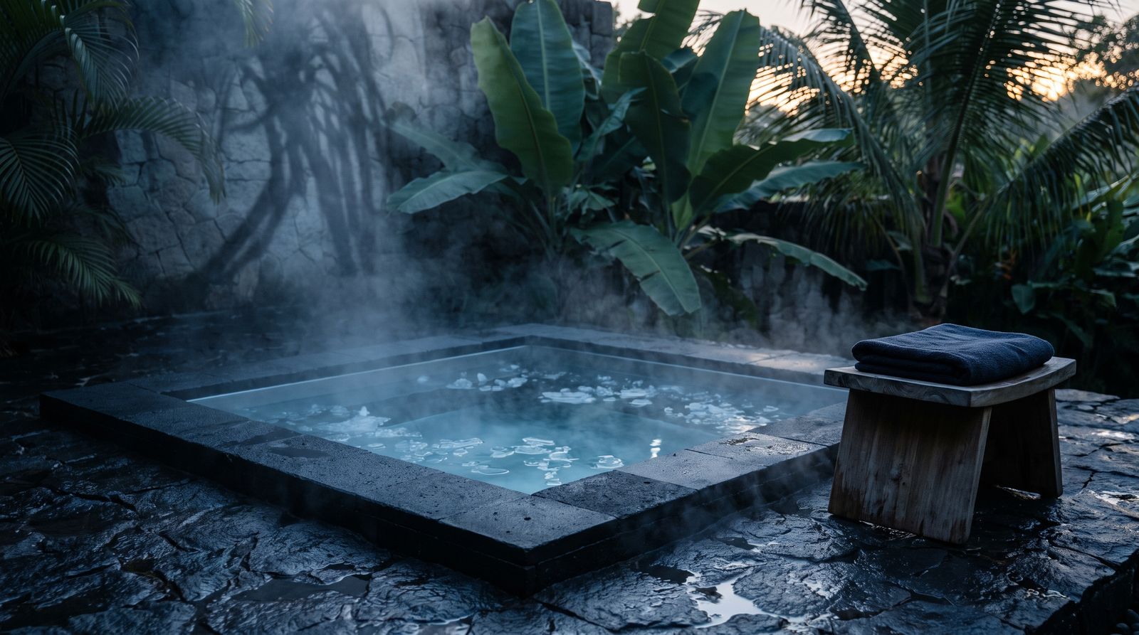 Black stone cold plunge ice bath with cold vapour drifting across the water at dawn
