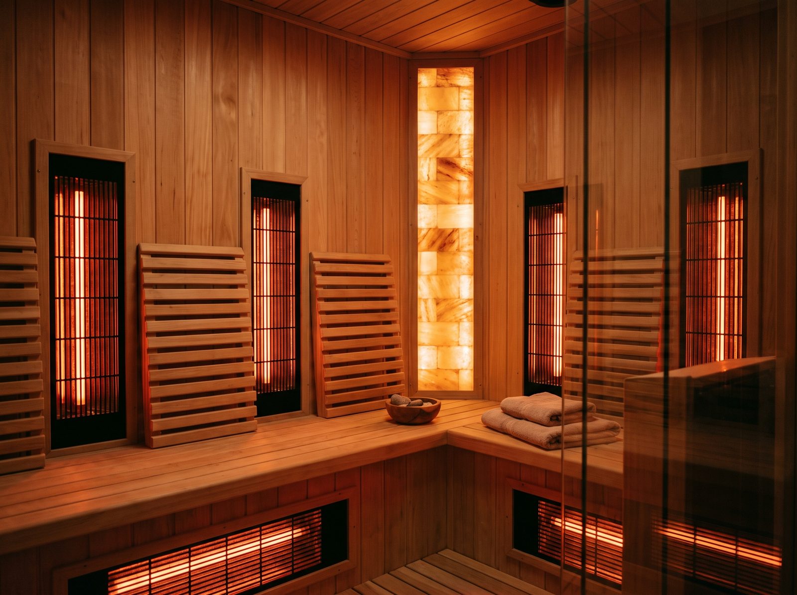 Infrared sauna interior with full-length red-glowing heater panels