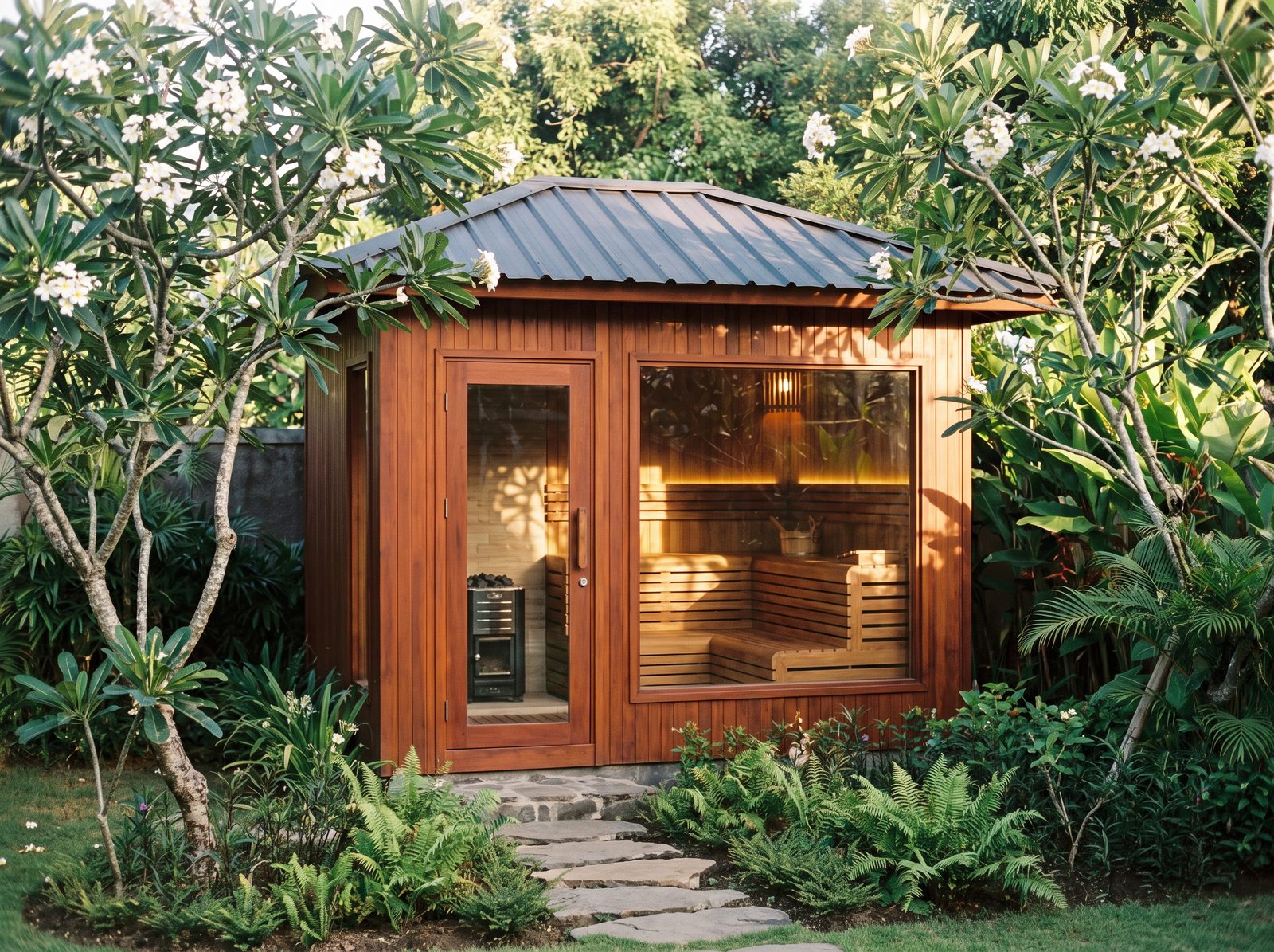 Cedar garden sauna with full-height glass door and picture window among frangipani trees