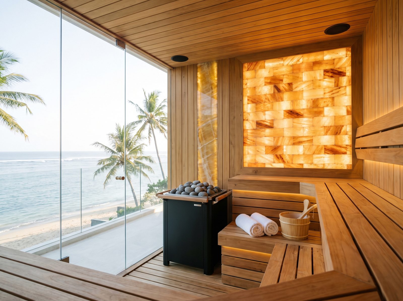 Premium cedar sauna interior with a floor-to-ceiling glass wall facing the ocean