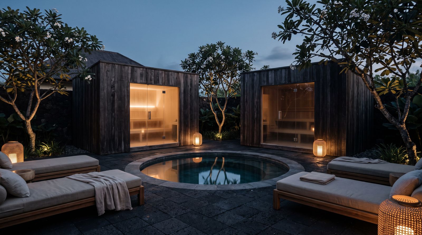 Boutique resort wellness courtyard at dusk with two glowing sauna cabins around a stone cold plunge pool