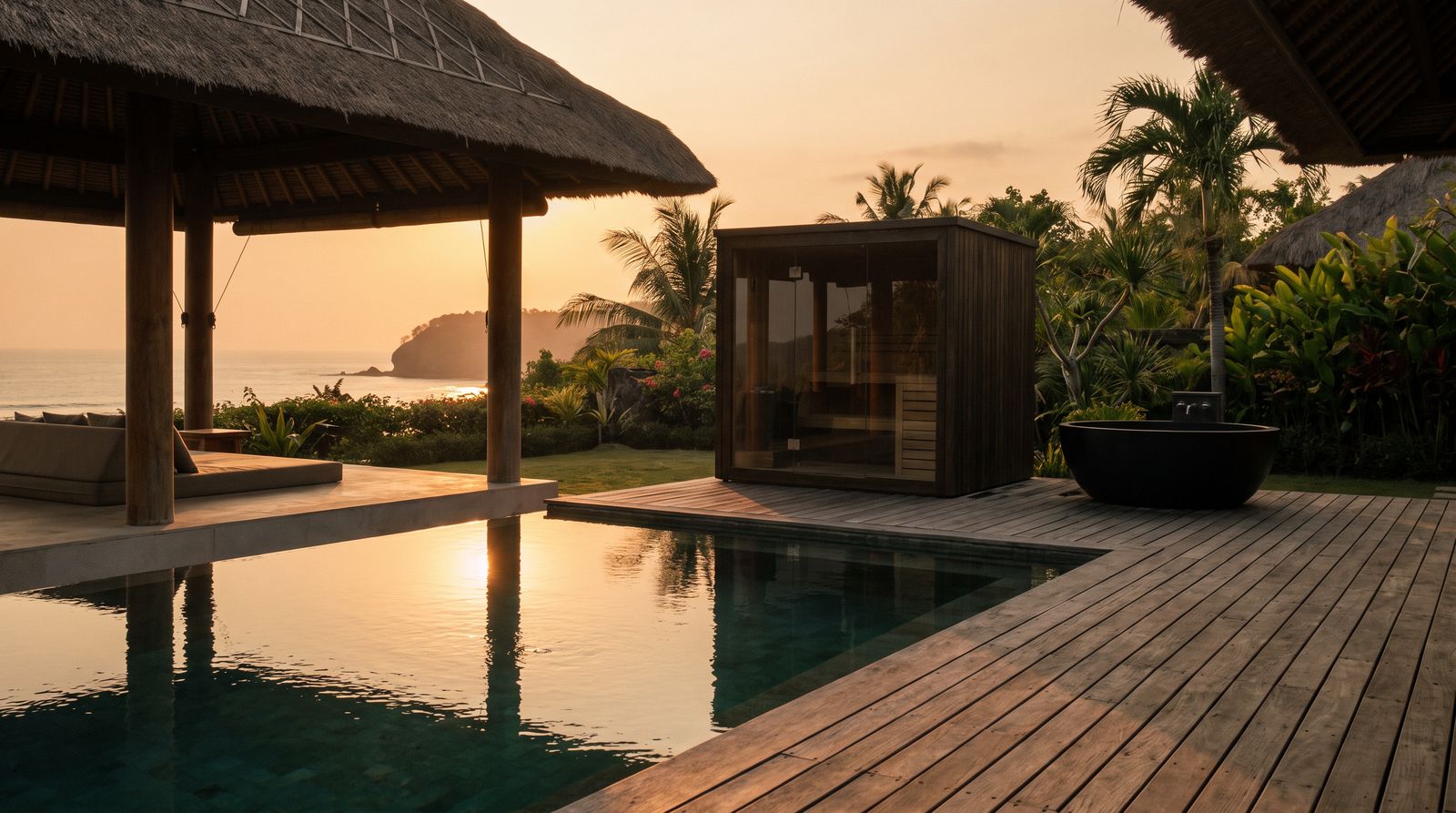 Luxury Lombok villa terrace with an infinity pool, timber sauna cabin and round cold plunge