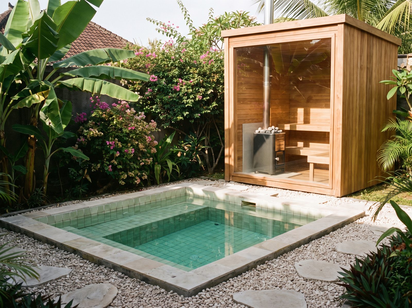 Square tiled plunge pool beside a glass-walled cedar sauna in a Lombok garden