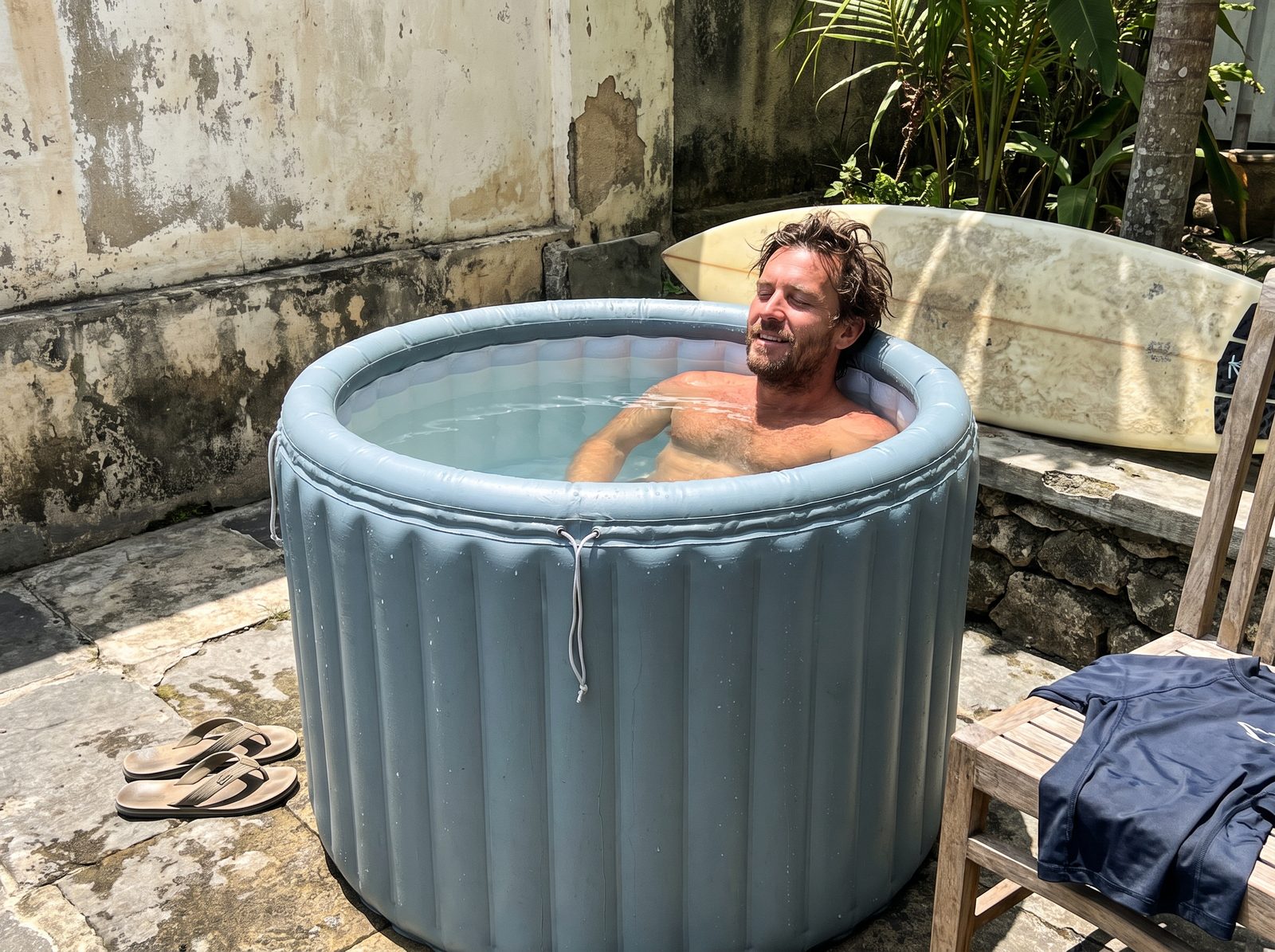 Surfer cooling down in a portable inflatable ice bath at a Kuta Lombok villa