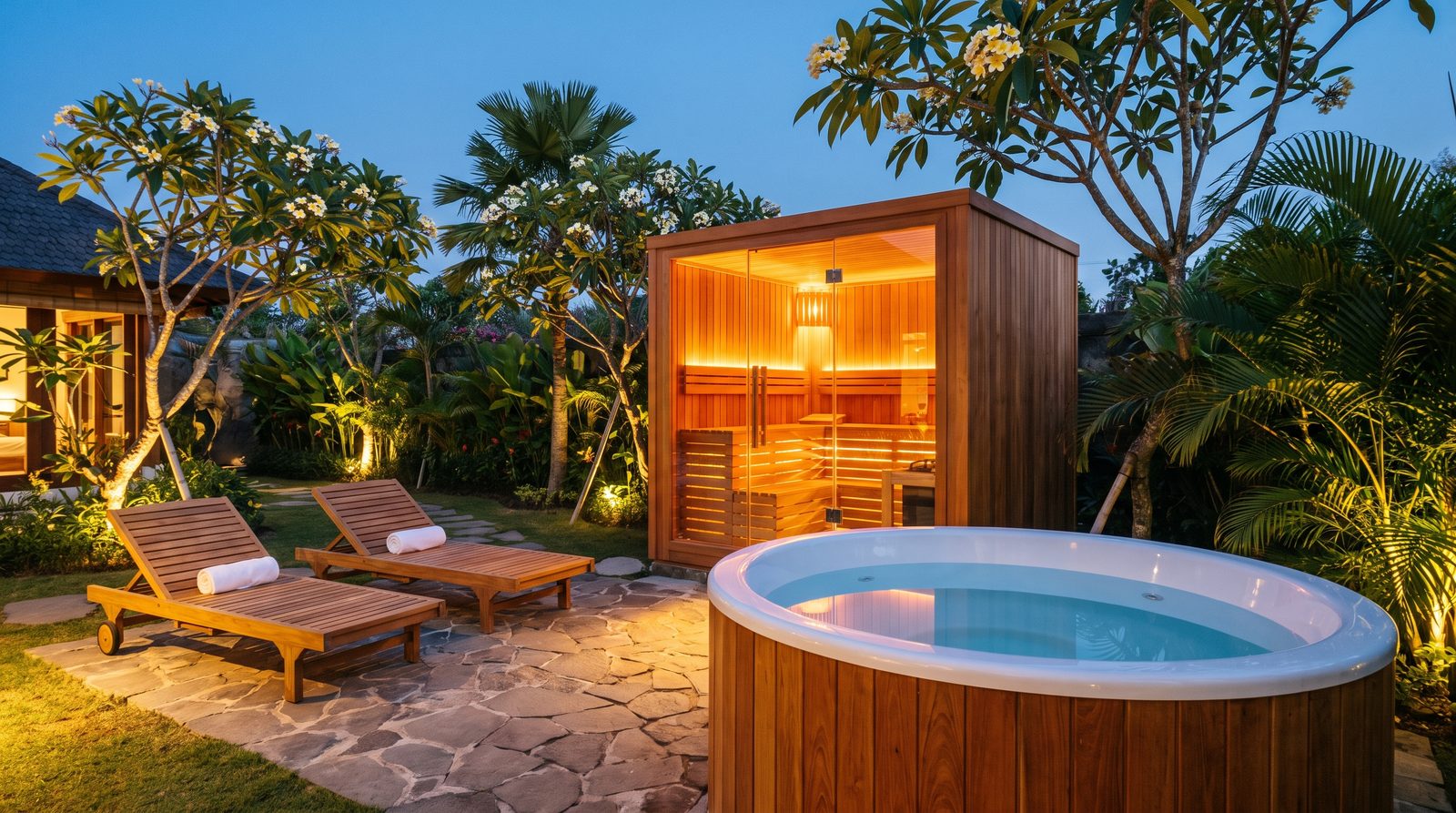 Complete outdoor wellness zone at dusk with a glowing sauna cabin, cold plunge and teak loungers