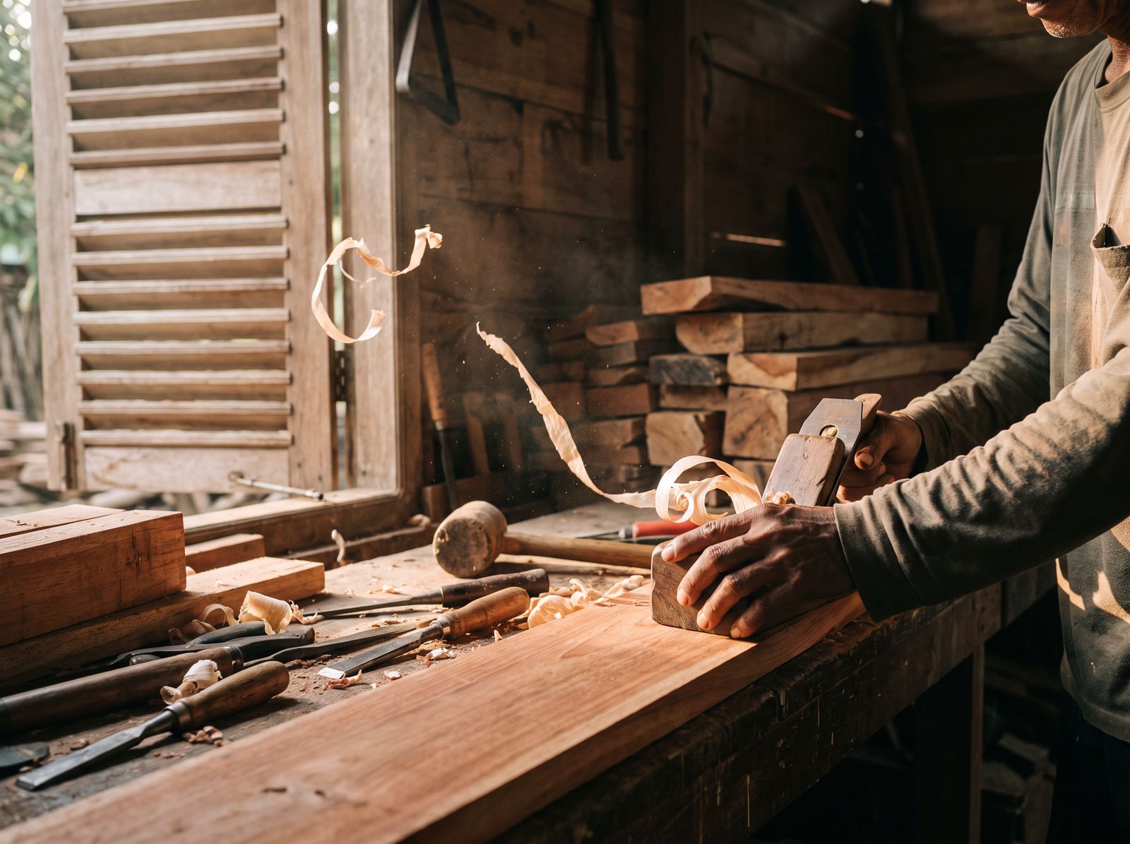 A craftsman's hands running a hand plane along a cedar plank in an open-air workshop, wood shavings falling